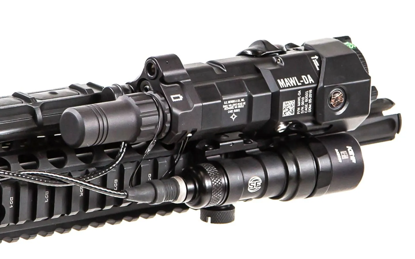B.E. Meyers MAWL-DA laser and a weapon light mounted on a rifle rail