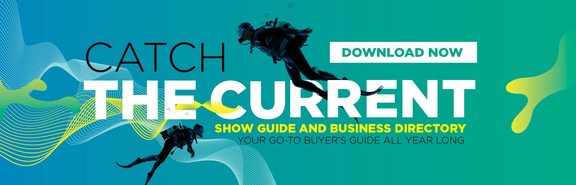DEMA show guide banner with two scuba divers on a blue-green background