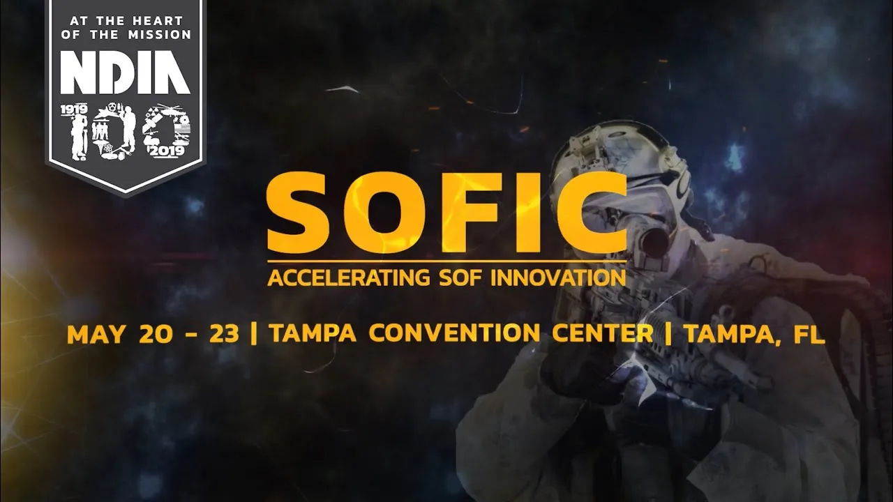 SOFIC 2020 banner, 20–23 May, Tampa Convention Center, with a special operations soldier